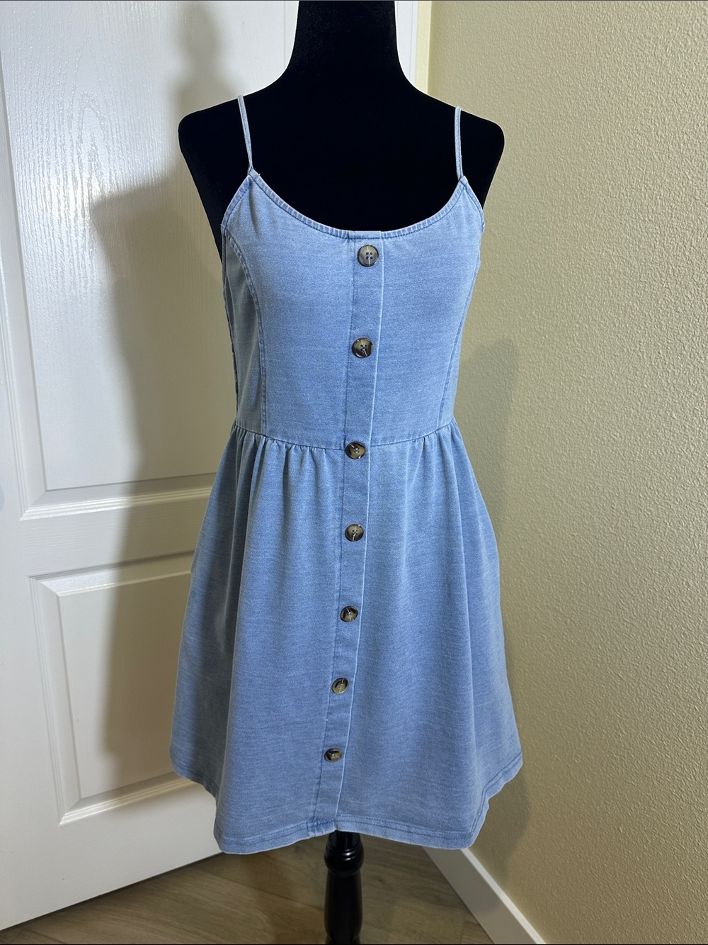 Soft stretchy denim looking sundress. Smocked back. Adjustable straps. Medium.